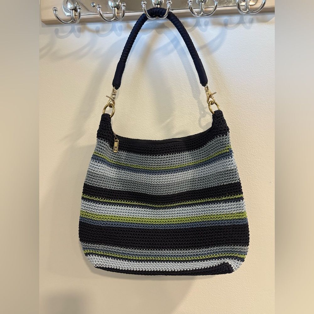 Lina Striped Crochet Shoulder Bag in Navy Blue, Gray and Green - Picture 2 of 16